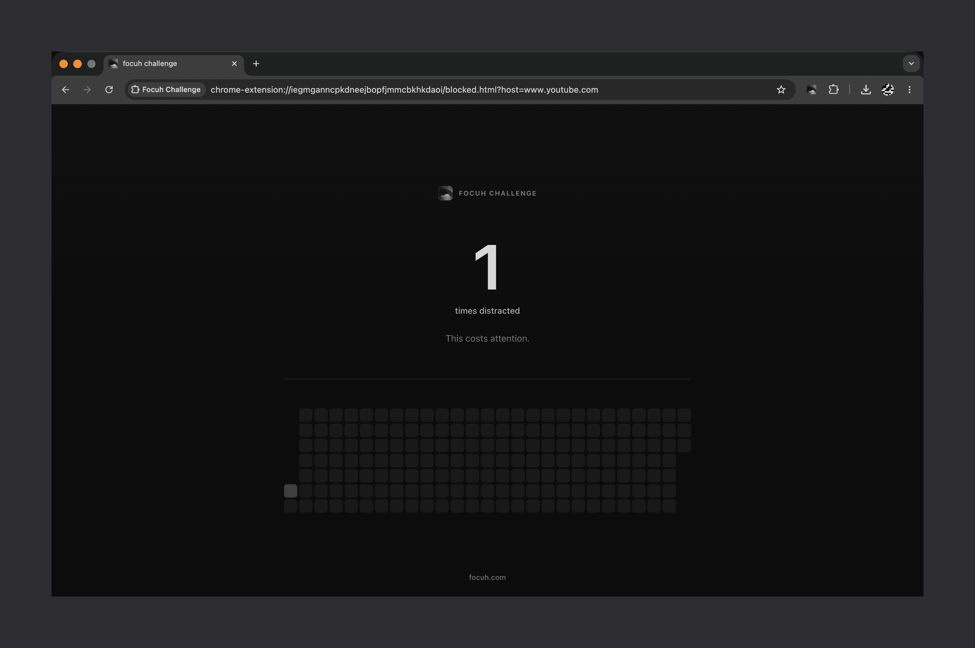 Focuh block screen in Chrome — showing the distraction count for a blocked YouTube visit and a year-grid of challenge days